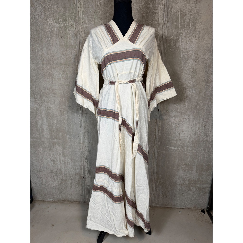 Vtg 70s Handmade Cotton Striped Maxi Dress Boho Kimono Bell Sleeve White Brown S